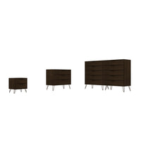 Manhattan Comfort - Rockefeller ensemble de commodes de chambre à coucher style milieu du siècle - brun - ensemble de 3-Commode haute double large de style milieu du siècle moderne, commode standard et table de chevet pour chambre à coucher, ensemble de 3