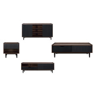 Manhattan Comfort - Ensemble de 4 : meuble TV, buffet, table basse et table d’appoint Duane style milieu du siècle, brun foncé et noir-Ensemble de 4 - Salon style milieu du siècle moderne comprenant : buffet, meuble TV, table basse et table d’appoint