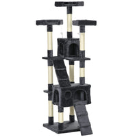 PawHut - Arbre à chat 68 po, tour condo grande à plusieurs niveaux - gris charbon-Arbre à chat haut à plusieurs niveaux avec 3 plateformes supérieures, 2 grands condos, 2 échelles, 3 jouets suspendus pour que le chat puisse jouer 