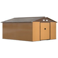 Abri de jardin Outsunny 11' x 13' avec kit de fondation - Jaune-Grand espace intérieur pour ranger des outils, un vélo, des outils de jardin, du matériel d’entretien de pelouse et plus encore
