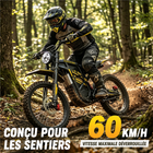 Gyrocopters - Moto électrique tout-terrain pour adultes ZX3 - Vitesse 60 km/h, autonomie 161 km - Jaune-Une batterie massive et interchangeable de 25 Ah offre jusqu'à 100 km (161 km avec assistance au pédalage) d'adrénaline pure et ininterrompue sur les sentiers
