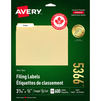 Avery – Étiquettes pour dossiers TrueBlock laser et jet d’encre – 3 7/16 po x 2/3 po – paquet de 600 (5366)-Permanent, rectangulaire, étiquette coupée 1/3