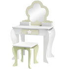 Qaba - Coiffeuse pour enfants avec miroir et tabouret motif fleur - blanc-Un ensemble coiffeuse pour enfants, comprenant une coiffeuse, un tabouret assorti et un miroir  

