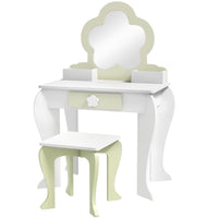 Qaba - Coiffeuse pour enfants avec miroir et tabouret motif fleur - blanc-Un ensemble coiffeuse pour enfants, comprenant une coiffeuse, un tabouret assorti et un miroir  
