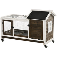 PawHut - Clapier à lapin avec roues, rampe, enclos, plateau - café - 42,5 po L x 22,8 po l x 29 po H-Cadre en bois de sapin massif 