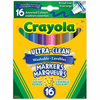 Crayola - Marqueurs lavables ultra-propres - Pointe large - Couleurs assorties - Paquet de 16-Les couleurs vives se lavent facilement des vêtements, de la plupart des murs et des surfaces non poreuses