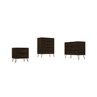 Manhattan Comfort - Rockefeller ensemble de commode de chambre à coucher de style milieu du siècle moderne 3 pièces - brun-Commode haute Mid-Century Modern, commode standard et table de chevet pour chambre à coucher, ensemble de 3
