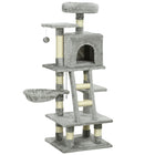 PawHut - Arbre à chat d’intérieur avec maisonnette, hamac, lit - gris clair-Conception multi-activités avec des perchoirs, un hamac, un lit et une grande maison pour les divertir 