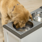 PawHut - Grandes gamelles surélevées pour chien avec rangement, support de gamelles surélevé - blanc-Le cadre en MDF assure une grande solidité avec une poignée vintage en forme de coquillage qui s'accorde facilement avec vos autres meubles 