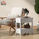 HOMCOM - Table d’appoint avec station de charge et ports USB - blanc-L'étagère inférieure et les deux tiroirs maximisent l'espace de rangement 