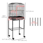 PawHut - Cage à oiseaux 49 po H avec accessoires, roulettes, support amovible, rangement - noir-Comprend deux perchoirs en bois, une balançoire et deux coupelles en plastique pour la nourriture et l’eau 