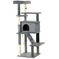 PawHut - Arbre à chat 58 po avec poteaux à griffer, lit, maison, jouets - gris-Les poteaux en corde de sisal satisfont l'envie de griffer de vos chats, les dissuadant d'utiliser les meubles 