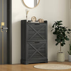 HOMCOM - Armoire à chaussures étroite style ferme avec 2 tiroirs basculants et étagères réglables - gris vieilli-Étagères intérieures réglables sur 2 niveaux ou amovibles pour différents formats de chaussures 