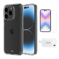 AXS - Ensemble de départ avec étui ULTRA CLEAR transparent testé contre les chutes, protecteur d’écran et chargeur 20W pour Apple iPhone 15 Pro Max-Étui résistant aux chutes avec des poches d’air absorbant les chocs