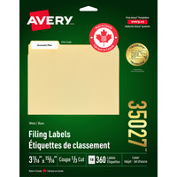 Avery 35027 Étiquettes de classement très grandes TrueBlock, blanches, laser/jet d'encre, 3-7/16" x 15/16", 360/pqt-Une méthode organisée et d'allure professionnelle pour repérer facilement et rapidement les dossiers.