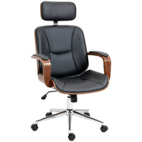 HOMCOM - Fauteuil de bureau avec repose-tête amovible et roulettes - noir-Revêtement en cuir PU avec une belle combinaison de noir et de bois pour plus d’élégance et de style