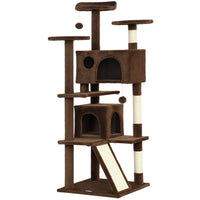 PawHut - Arbre à chat 54 po H, avec deux niches pour chats - brun clair-Le centre de jeu d'activités divertit et maintient les chats actifs 