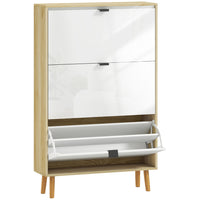 HOMCOM - Armoire à chaussures étroite avec 3 tiroirs basculants - blanc-Les portes avant à haute brillance associées à un cadre en chêne offrent un look moderne 