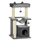 PawHut - Arbre à chat tour à plusieurs niveaux avec maison pour chaton et poteau à griffer - gris-Comprend des poteaux à griffer, une maisonnette pour chat avec housse amovible, un hamac pour chat, un lit pour chat, une plateforme et des balles suspendues 