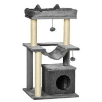PawHut - Arbre à chat tour à plusieurs niveaux avec maison pour chaton et poteau à griffer - gris-Comprend des poteaux à griffer, une maisonnette pour chat avec housse amovible, un hamac pour chat, un lit pour chat, une plateforme et des balles suspendues 