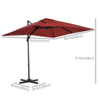 Outsunny - Parasol suspendu carré de patio 8 pi L x 8 pi l avec rotation à 360°, rouge vin-Le mât en aluminium et les huit baleines en acier avec revêtement en poudre soutiennent une toile en polyester de 200g résistante aux UV pour des années d'utilisation agréable  