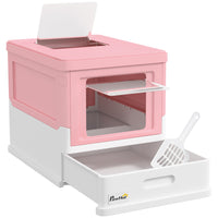 PawHut - Bac à litière fermé pour chat avec pelle, plateau, entrée par le haut, pliable - rose-Entièrement fermé avec des portes battantes rigides sur les entrées pour éviter les odeurs 