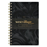 Mead - West Village Cahier spirale, 9 po H x 6 po l, couverture rigide, noir, 80 feuilles-Design élégant : Couverture rigide noire marbrée avec texte doré et reliure à double spirale dorée pour un look haut de gamme.