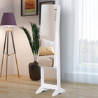HOMCOM - Armoire à bijoux avec miroir autoportante - 11,75 po L x 57,5 po l x 14,25 po H - blanc-Comprend 3 étagères inférieures, 3 rangées de trous pour boucles d’oreilles, 5 crochets pour colliers, 3 barres pour foulards, un sac de rangement, des porte-bagues, 9 supports pour crayons à sourcils, un miroir et une table pliante 