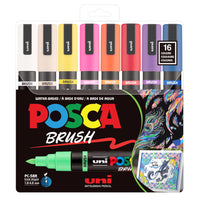 Uni - POSCA Marqueurs à peinture à base d’eau avec pointe pinceau réversible - 1,0 mm/4,0 mm - couleurs assorties - paquet de 16-Marqueurs à peinture à base d’eau convenant à la plupart des projets d’art et de bricolage sur plus de 50 surfaces, y compris le bois, le verre, le métal, le plastique, la céramique, le cuir, et plus encore
