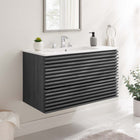Modway - Render Support mural de 36" Vanette de salle de bain - Blanc charbon-Coiffeuse à grains de noyer