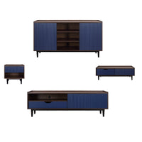 Manhattan Comfort - Ensemble de 4 : meuble TV, buffet, table basse et table d’appoint Duane style Mid-Century Modern, brun foncé et bleu marine-Ensemble de 4 - Salon style Mid-Century Modern comprenant : buffet, meuble TV, table basse et table d’appoint