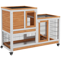 PawHut - Clapier à lapin d’intérieur, cage pour lapin avec roues, plateau, jaune - 43,3 po L x 19,7 po l x 34,6 po H-Conception à deux niveaux avec une maison principale et un enclos pour se déplacer librement 