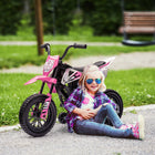Qaba - Moto cross pour enfants 12V avec accélérateur à poignée tournante, roulettes d’entraînement, musique, pour tout-petits 3-6 ans - rose-Deux moteurs 12V offrent une puissance de conduite élevée 