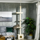 PawHut - Arbre à chat du sol au plafond 91-102 po avec griffoir, maisonnette-lit-Il satisfait l'instinct de griffure de votre chat et l'empêche d'endommager vos meubles 
