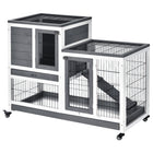 PawHut - Clapier d’intérieur pour lapin avec roulettes, bac de course, gris - 43,3 po L x 19,7 po l x 34,6 po H-Conception à deux niveaux avec une maison principale et un enclos pour se déplacer librement 