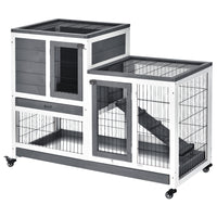 PawHut - Clapier d’intérieur pour lapin avec roulettes, bac de course, gris - 43,3 po L x 19,7 po l x 34,6 po H-Conception à deux niveaux avec une maison principale et un enclos pour se déplacer librement 