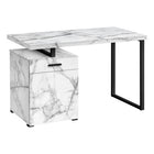 Monarch Specialties - 7762 Bureau 48 po L - Blanc Marbre Orientation Gauche Ou Droite-Bureau d'ordinateur moderne fini faux marbre blanc avec 1 tiroir , 1 armoire de rangement et dessus flottant