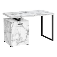 Monarch Specialties - 7762 Bureau 48 po L - Blanc Marbre Orientation Gauche Ou Droite-Bureau d'ordinateur moderne fini faux marbre blanc avec 1 tiroir , 1 armoire de rangement et dessus flottant