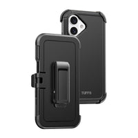 TUFF8 - iPhone 16 -  Impact+ Coque de protection trois couches avec étui-Le support rotatif à 360 degrés sert également de poignée de téléphone pour permettre une expérience de visionnage confortable et un moyen sécurisé de tenir votre appareil