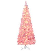 HOMCOM - Sapin de Noël artificiel forme crayon enneigé pré-illuminé - ouverture automatique - rose et blanc-6 ft de haut, luxuriant avec une forme de pin qui donne un aspect sain et naturel 