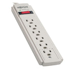 Tripp Lite - Protect It! Parasurtenseur 6 prises - Cordon de 2,4 m - Fiche discrète-PROTÉGEZ TOUT APPAREIL ÉLECTRONIQUE CONTRE LES SURTENSIONS ET LES POINTES DE TENSION : Le limiteur de surtension à six prises protège votre ordinateur, ordinateur personnel, portable, imprimante, numériseur, routeur, téléphone, télécopieur, modem, téléviseur, lampe ou tout autre appareil électronique résidentiel ou de bureau contre les surtensions dangereuses, les pointes de tension et le bruit de ligne.