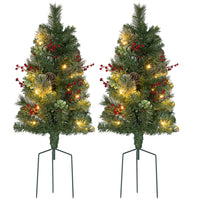 HOMCOM - Lot de 2 petits sapins de Noël éclairés - vert - 2 pieds-2 types de pointes, décorées de fruits rouges, pommes de pin et feuilles d'Eucalyptus 