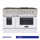 Kucht - 48 po Série KDF Cuisinière Pro Style à double combustible - Acier inoxydable/Blanc-Cuisinière de classe professionnelle dotée de 2 brûleurs doubles de 20000 BTU avec fonction mijotage, 2 brûleurs de 12000 BTU, 2 brûleurs de 9000 BTU et 2 brûleurs de 6000 BTU