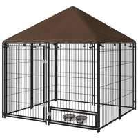 PawHut - Chenil pour chien d’extérieur 4,6 pi L x 4,6 pi l x 5 pi H avec auvent et gamelles rotatives-Le toit offre du confort par temps chaud et une protection contre la pluie 