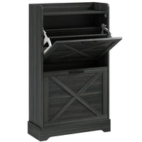HOMCOM - Armoire à chaussures étroite style ferme avec 2 tiroirs basculants et étagères réglables - gris vieilli-Effet bois vieilli et panneaux de grange à croisillons en X ajoutent un style ferme 