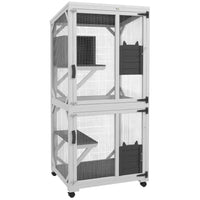 PawHut - Maison pour chat d’extérieur grande avec roues et boîte de repos - 31,5 po L x 30 po l x 70,75 po H - blanc gris-Enclos en bois pour chats pouvant accueillir 1 à 3 chats 