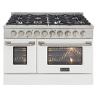 Kucht - 48 po Série KNG Cuisinière Pro Style au gaz propane - Acier inoxydable/Blanc-Cuisinière de classe professionnelle dotée de deux brûleurs doubles de 20 000 BTU avec fonction mijotage, de deux brûleurs de 12 000 BTU, de deux brûleurs de 9 000 BTU et de deux brûleurs de 6 000 BTU
