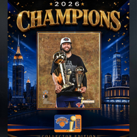 Frameworth - Cadre photoglass de Jalen Brunson des New York Knicks trophées du championnat 2026 - 18 po l x 22 po H - or-Présentoir photoglass encadré : cadre PhotoGlass de Jalen Brunson des New York Knicks trophées du championnat et de joueur par excellence 2026 motif célébration or pour les amateurs et collectionneurs des New York Knicks