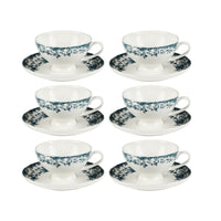 Casa Domani - Tasse et soucoupe Rosetta Antique Bleu 200 ml - Pack de 6-Fait de porcelaine avec des décalcomanies pour améliorer les détails complexes.