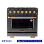 Kucht - 36 po Série KED style professionnel à double combustible, prête pour le propane - Gemstone-La cuisinière à six brûleurs comprend un brûleur double de 20 000 BTU avec fonction mijotage, un brûleur de 15 000 BTU, un brûleur de 12 000 BTU, deux brûleurs de 9 000 BTU et un brûleur de 6 000 BTU